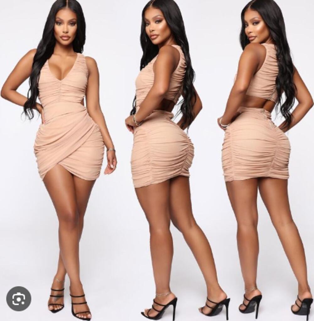 Fashion Nova You’re Too Late Ruched Mini Dress M Taupe Cutout Bodycon NWT